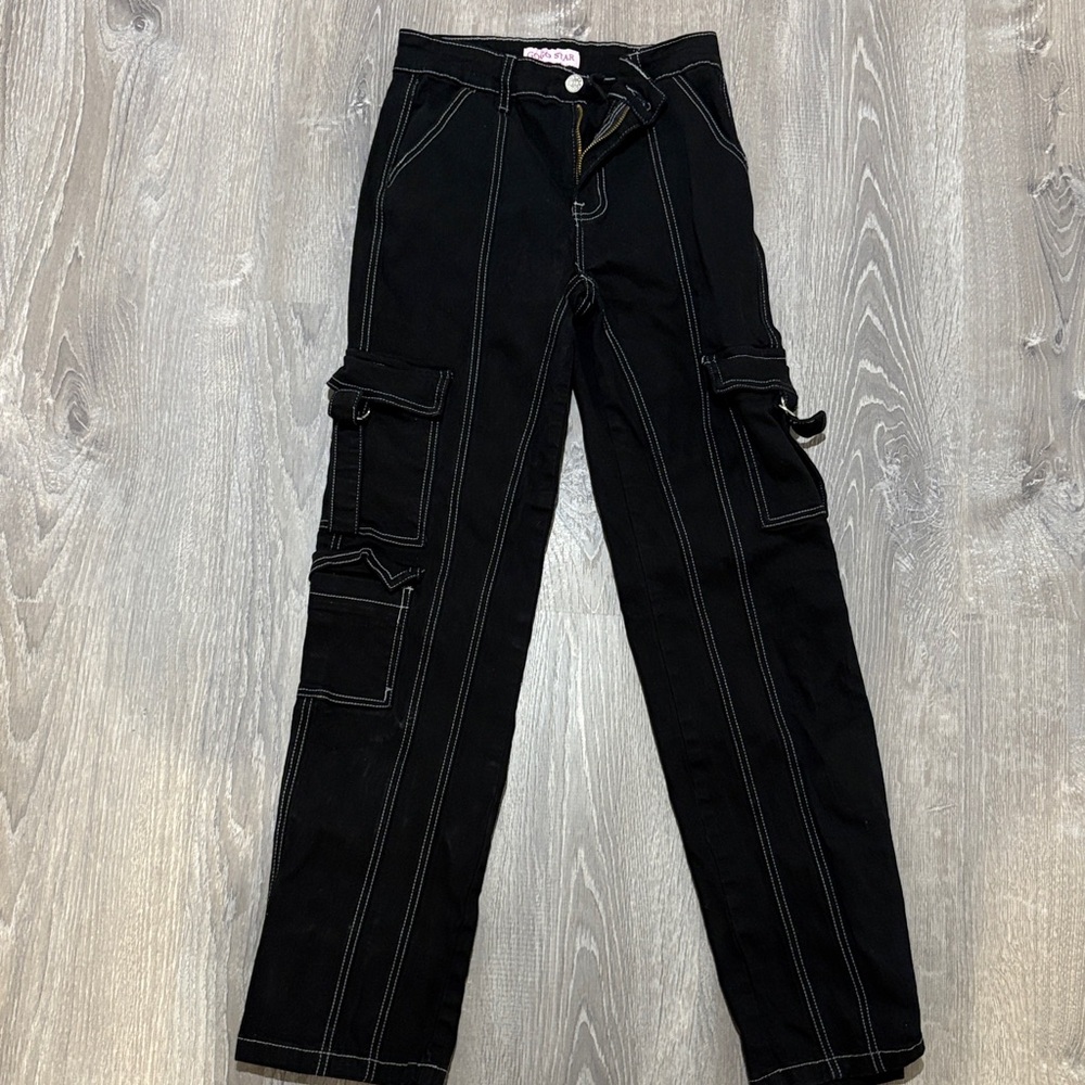 GOGO STAR Black Cargo Pants White Contrast Stitching Girls 16 Y2K Skater